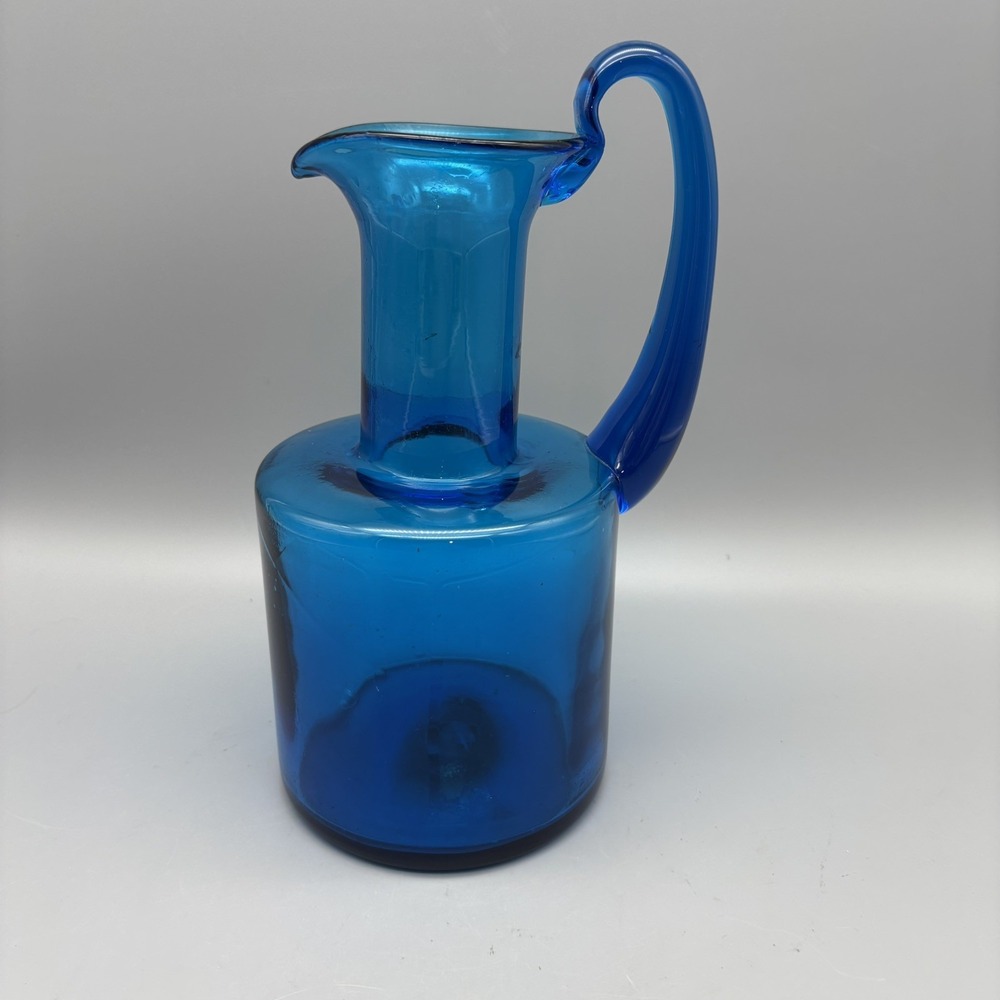 Vintage Cobalt Blue Hand Blown Art Glass Pitcher Large Loop Handle 9.5"